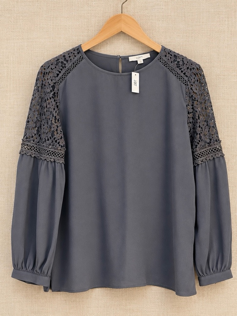 LOFT Gray Lace Sleeve Blouse 100% Rayon Balloon Sleeve Elegant NWT - Picture 3 of 6